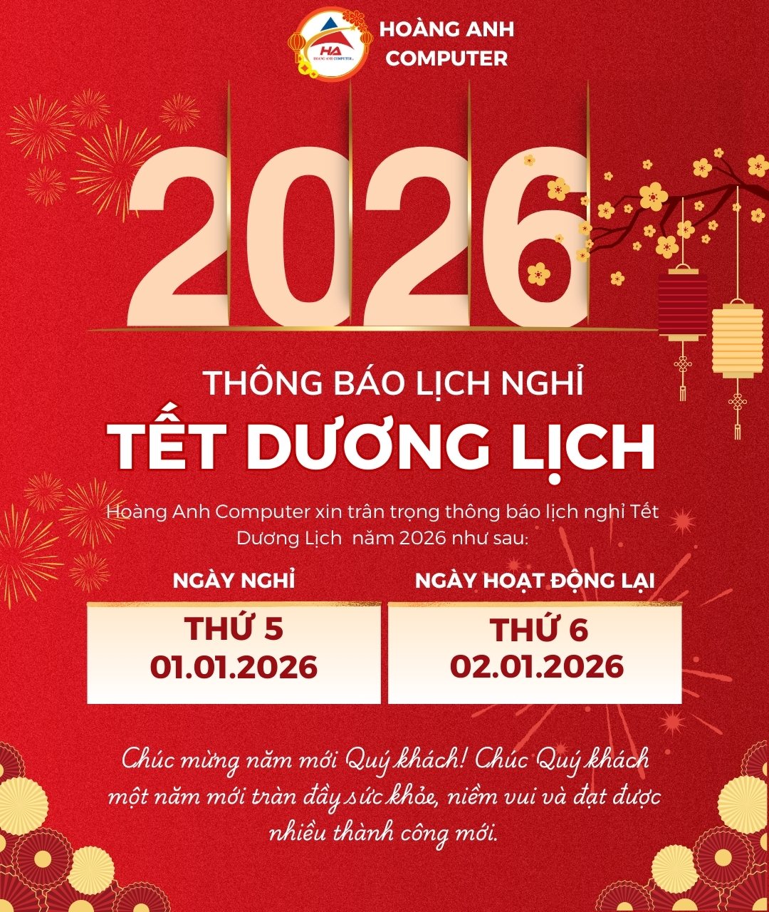  THÔNG BÁO LỊCH NGHỈ TẾT DƯƠNG LỊCH 2026