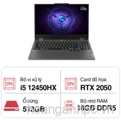 NB Gaming Lenovo LOQ 15IAX9 (83GS005KVN) (Intel Core I5-12450HX, Ram 16GB, SSD 512GB, RTX 2050 4GB GDDR6, Màn Hình 15.6inch FullHD 144Hz, Windows 11, Màu Xám) (Pin + Adapter BH 12 tháng) - Chính hãng