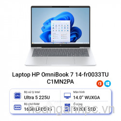 Máy tính xách tay HP OmniBook 7 14-fr0033TU_C1MN2PA, Core Ultra 5-225U, 16GB RAM, 512GBSSD, Intel Graphics, 14"WUXGA, Webcam, 4 Cell, Wlan ax+BT, OfficeHS24+M365, Win11 Home 64, Glacier Silver, 1Y WTY.