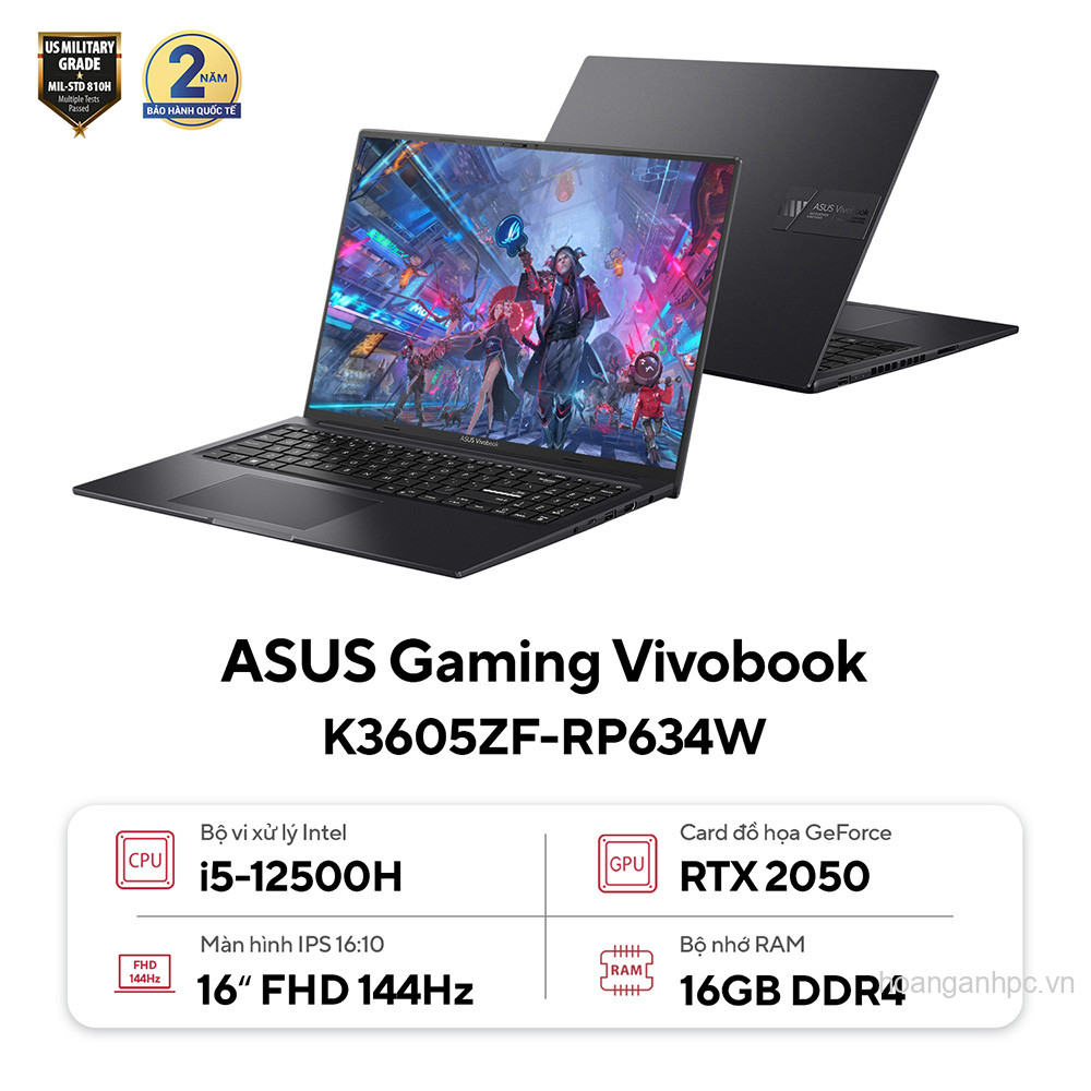 NB Asus Gaming Vivobook 16X K3605ZF-RP634W (i5 12500H/ 16GB/ 512GB SSD/ RTX 2050 4GB/ 16 inch WUXGA/ Win11/ Đen (Pin + Adapter BH 12Tháng) - Chính hãng