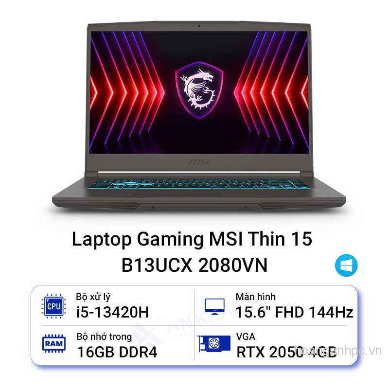 NB MSI Gaming Thin 15-B13UCX-2080VN; Core i5-13420H,16GB, 512GSSD,15.6FHD 144Hz 4G_RTX 2050/, W11SL, LEDKB, XÁM, 1Y Pin+sạc, 2Y