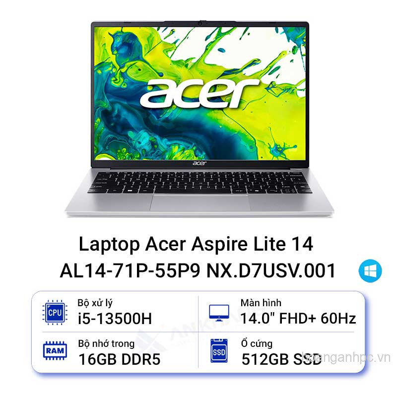 NB Acer Aspire Lite 14 AL14-71P-55P9 NX.D7USV.001 (Intel Core i5-13500H | Intel UHD Graphics | 14 inch FHD+ | 16GB | 512GB | Windows 11 Home SL | Bạc) - Chính hãng