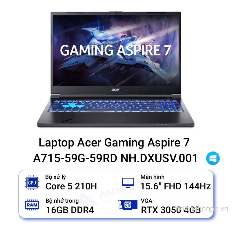 MÁY TÍNH XÁCH TAY (NB) ACER Aspire 7 A715-59G-59RD C5-210H/16GD4/512GSSD /15.6FHD_144Hz/IPS/4C/W11SL/4GD6_RTX3050/ĐEN(NH.DXUSV.001)